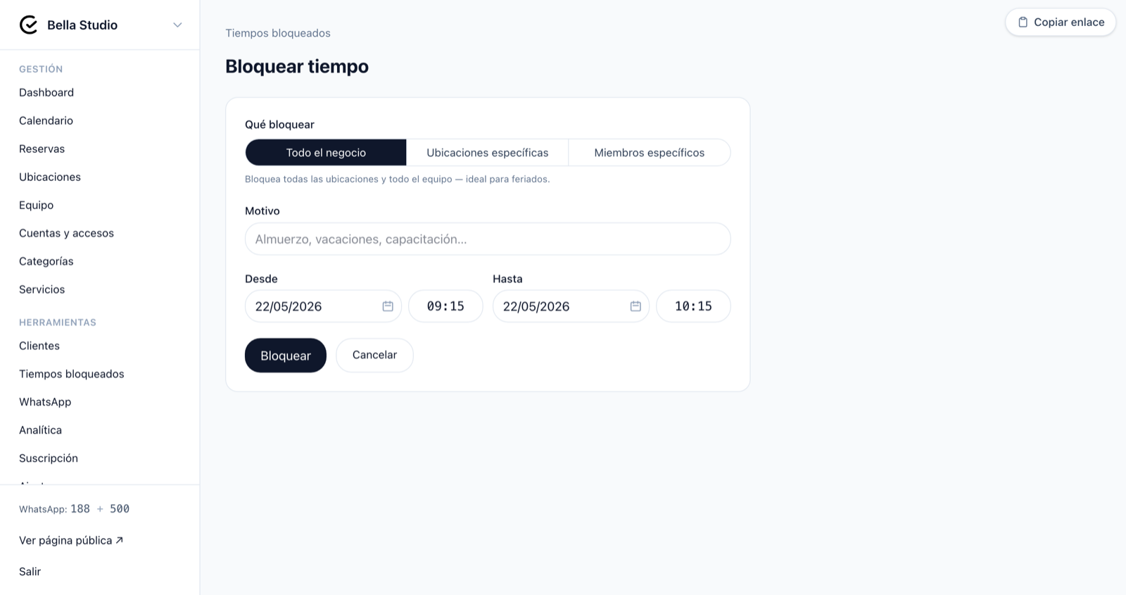 Formulario para crear un nuevo bloqueo de horario