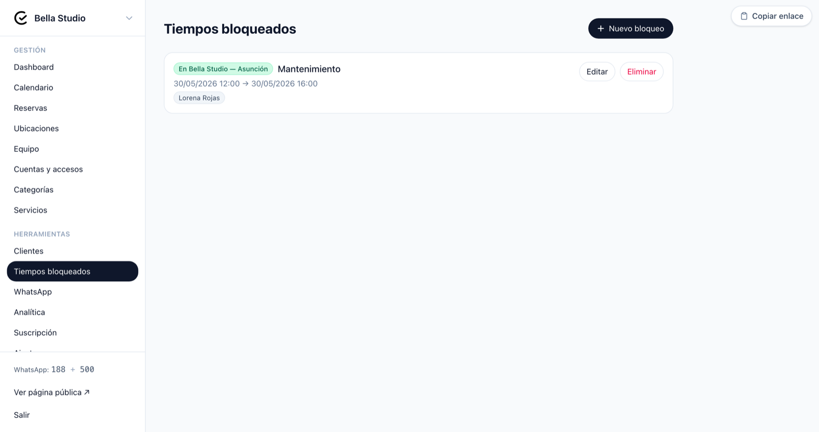 Lista de tiempos bloqueados del negocio