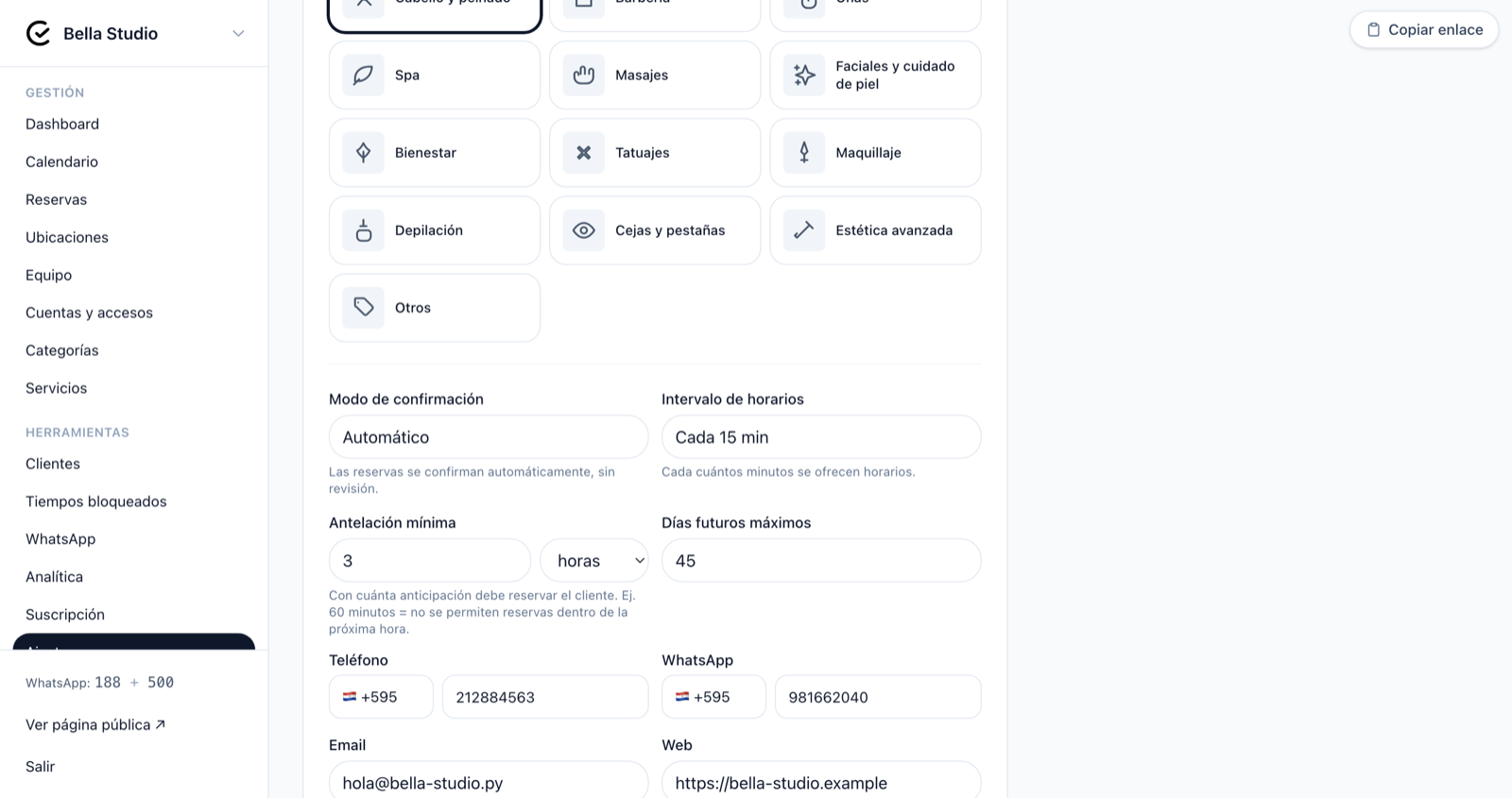 Selector de modo de confirmación en Configuración del negocio