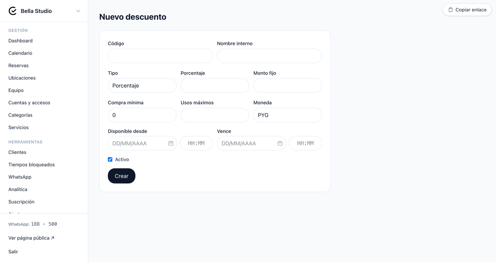 Formulario para crear un nuevo código de descuento