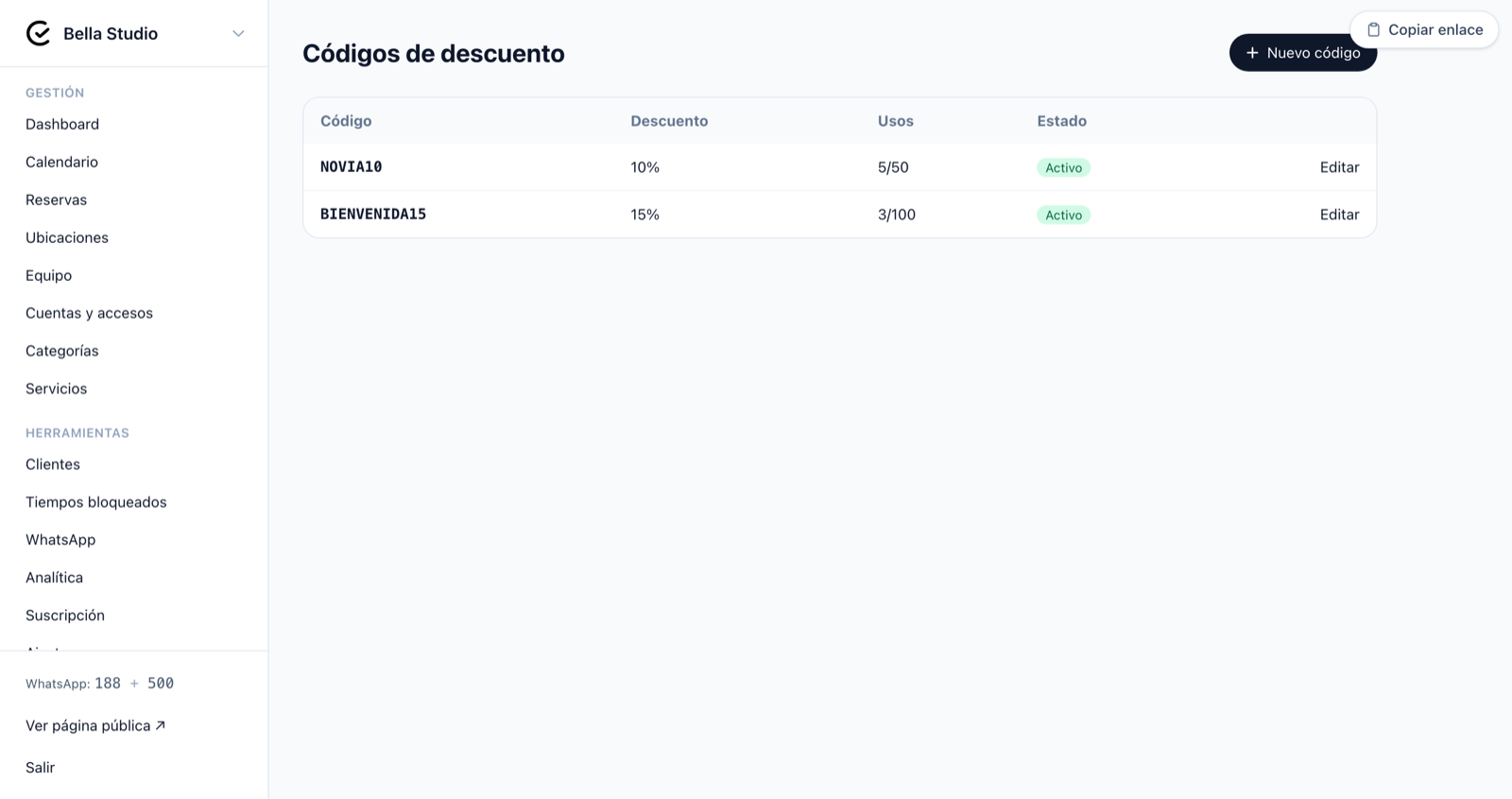 Lista de códigos de descuento activos del negocio