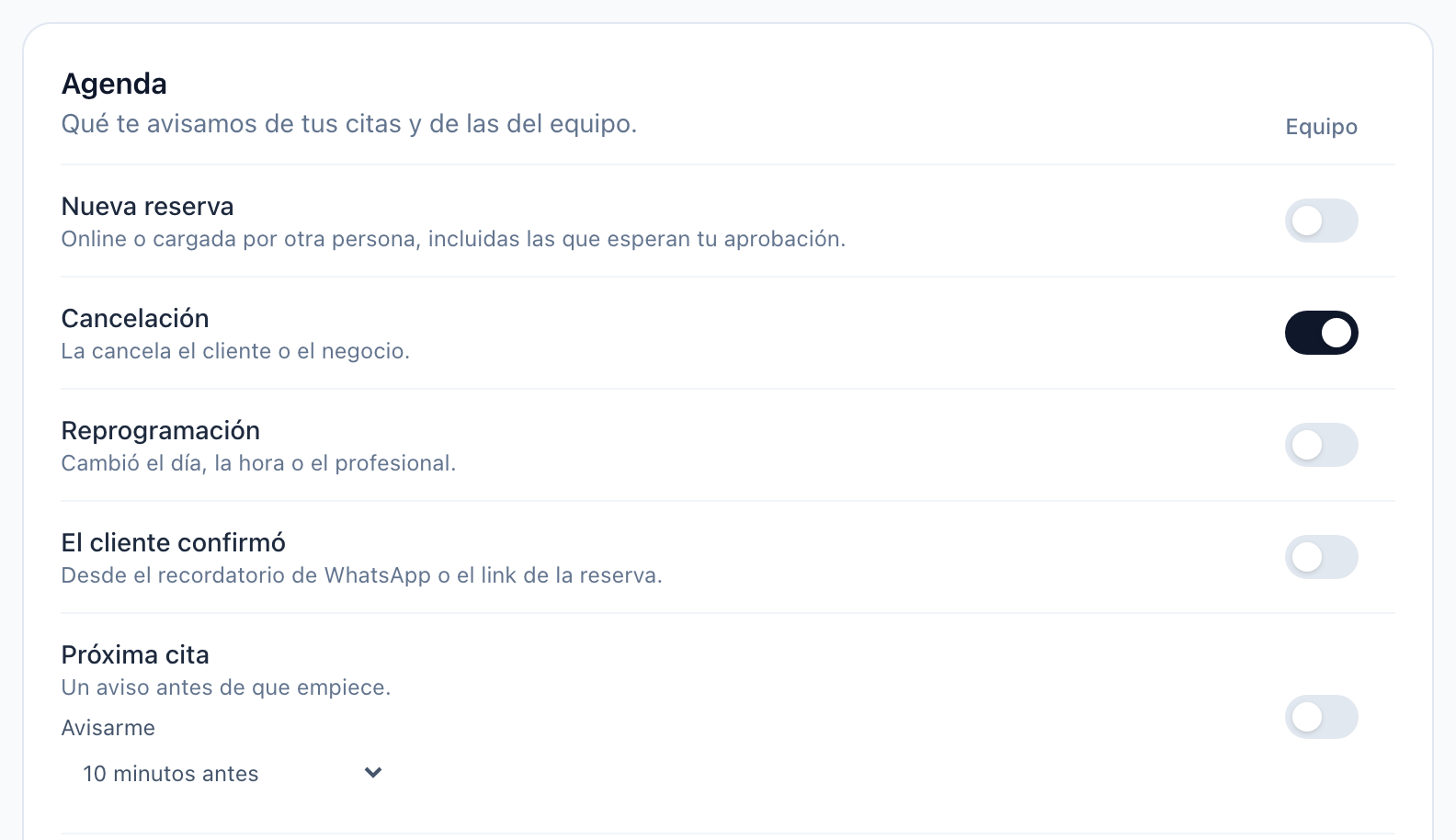 Los interruptores de la agenda: un aviso por fila, en la columna Equipo