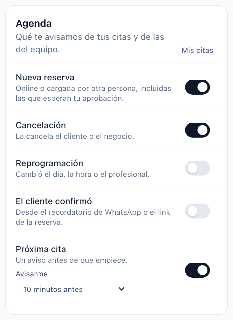 La configuración de un profesional en el celular, solo con Mis citas
