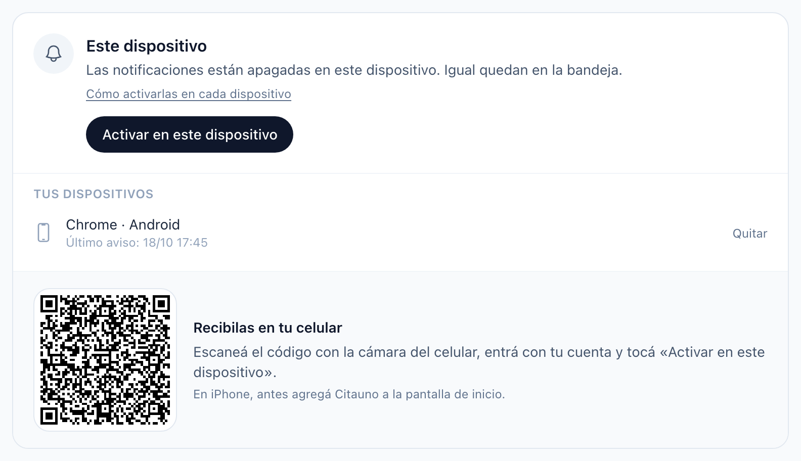 La tarjeta Este dispositivo, con la lista de dispositivos y el código para el celular