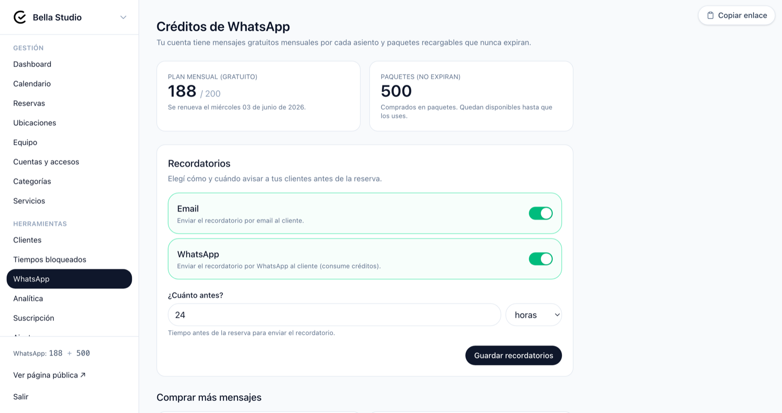 Pantalla de créditos de WhatsApp con uso y paquetes disponibles