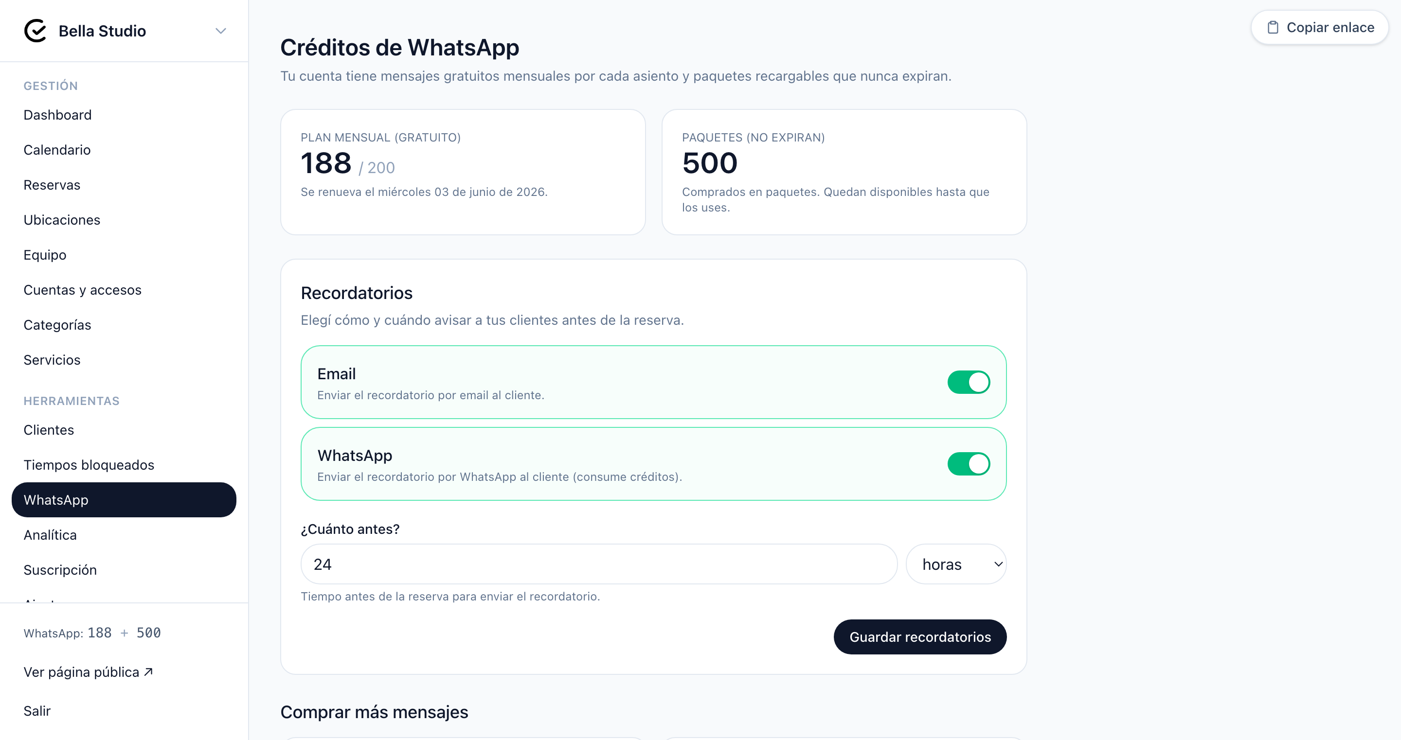 Pantalla de créditos de WhatsApp con uso y paquetes disponibles