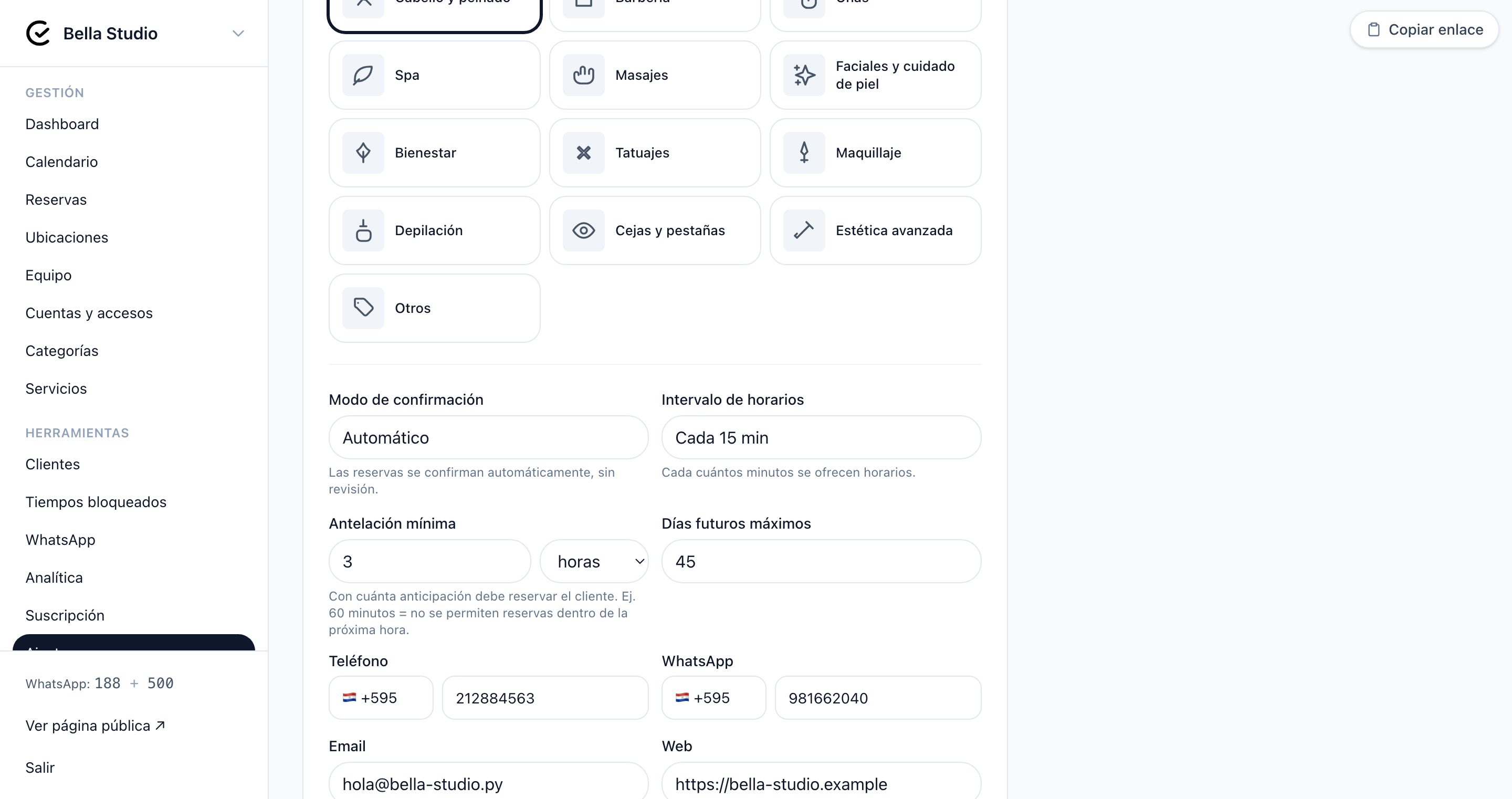 Selector de modo de confirmación de reservas