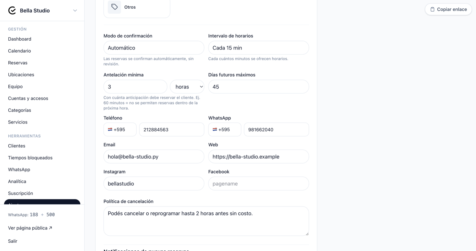 Selector del modo de confirmación de reservas — Automática, Manual o Seña requerida