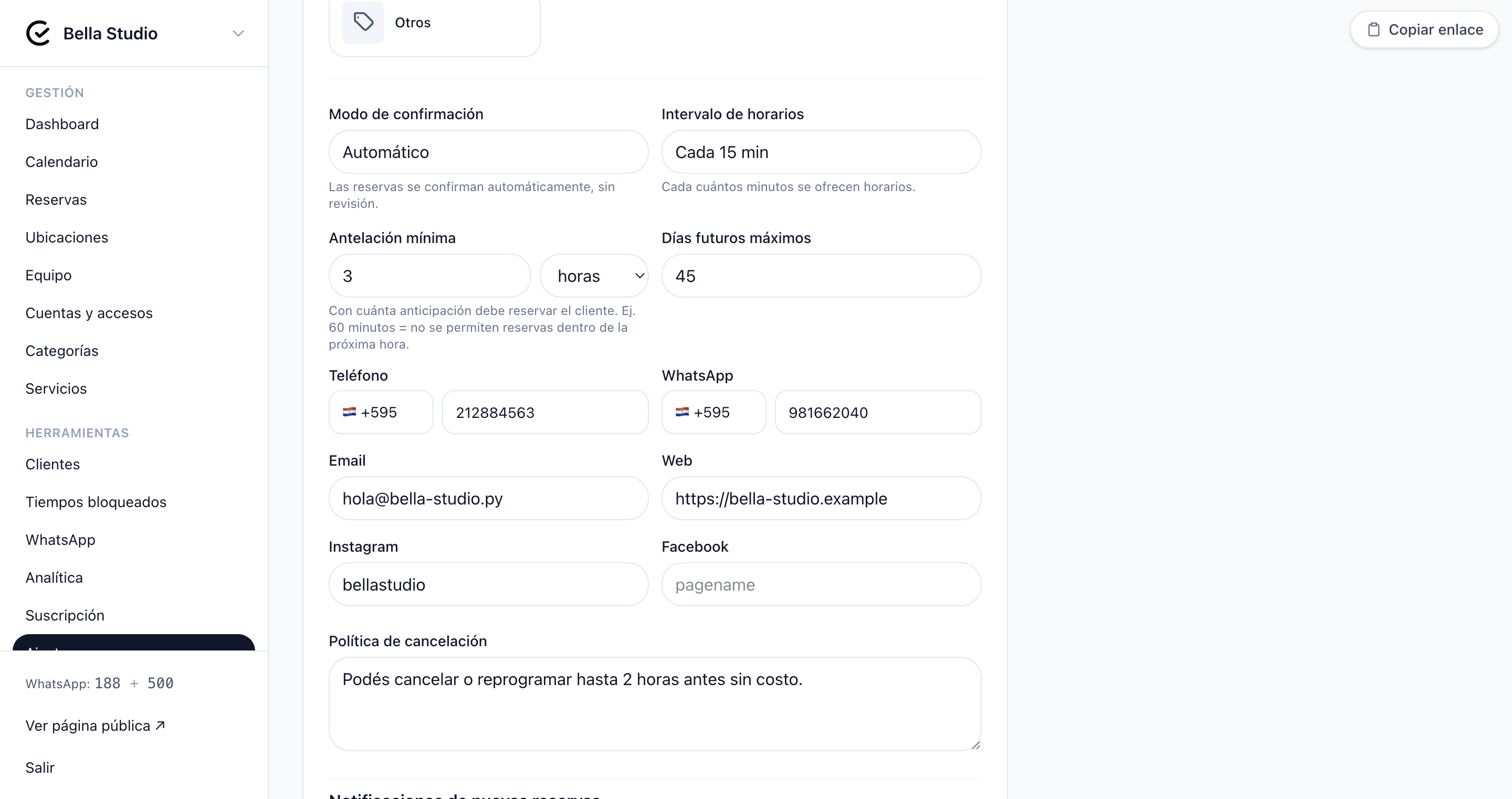 Selector del modo de confirmación de reservas — Automática, Manual o Seña requerida