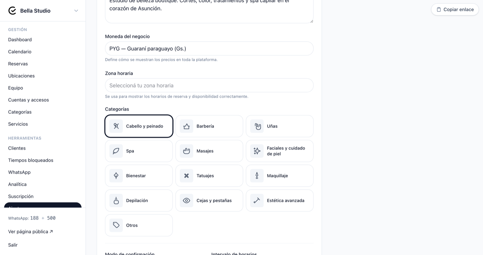 Selector de moneda del negocio