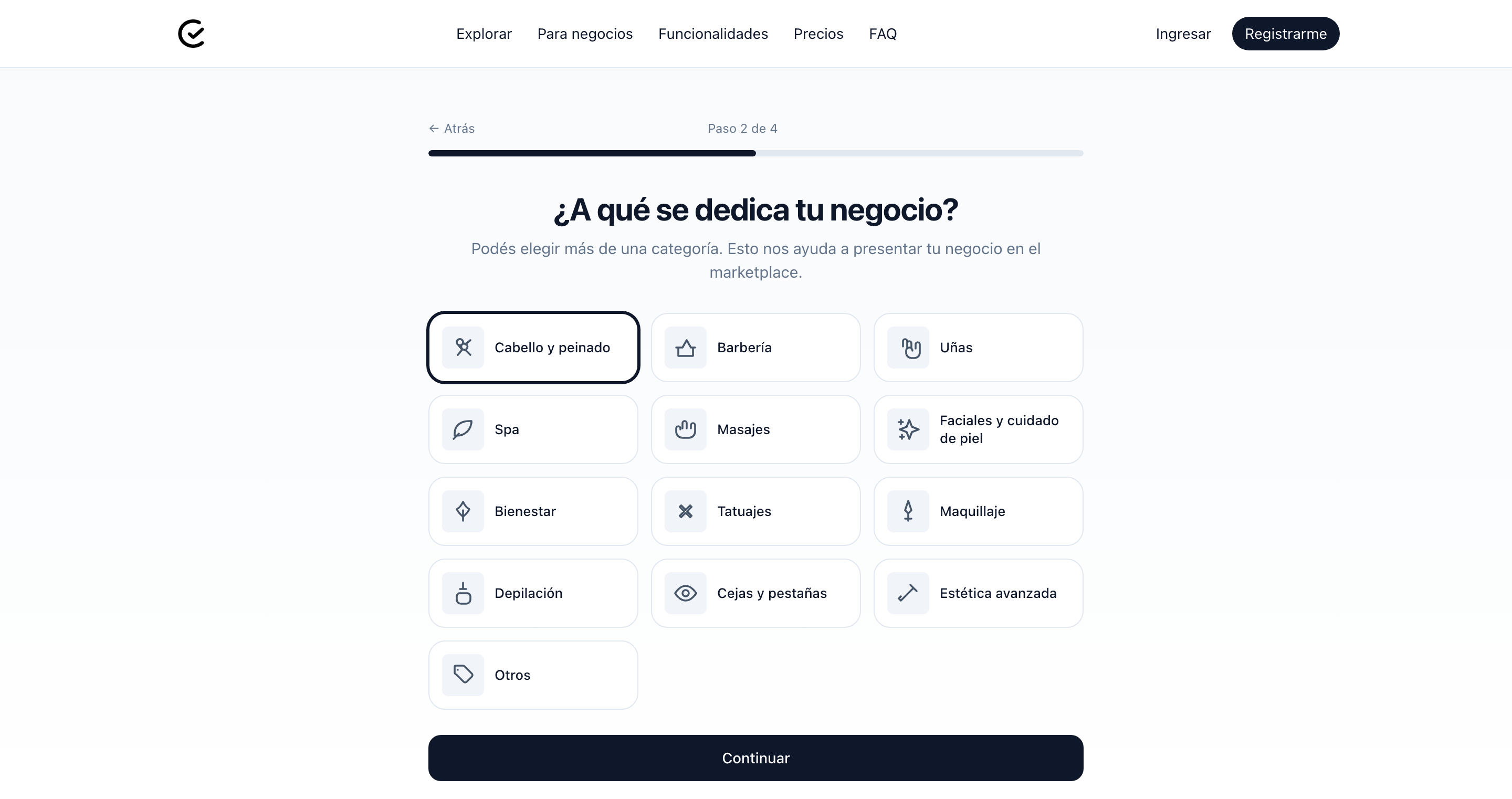 Grilla de categorías de negocio en el asistente