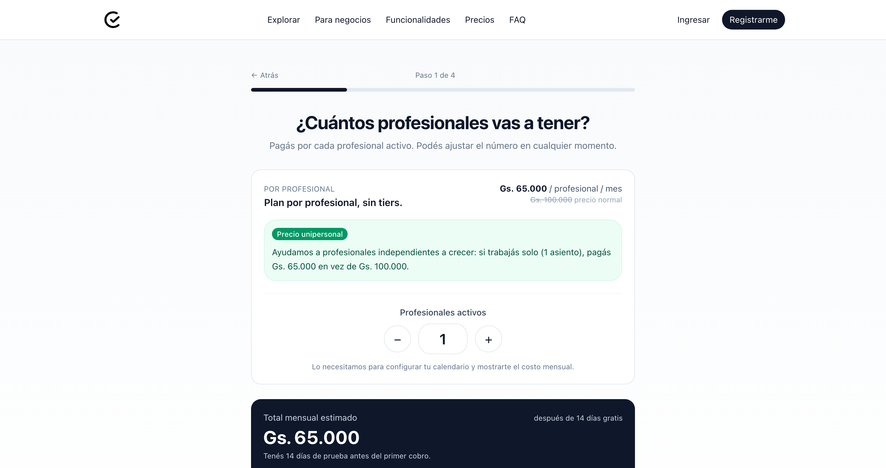 Pantalla del asistente: ¿Cuántos profesionales vas a tener?