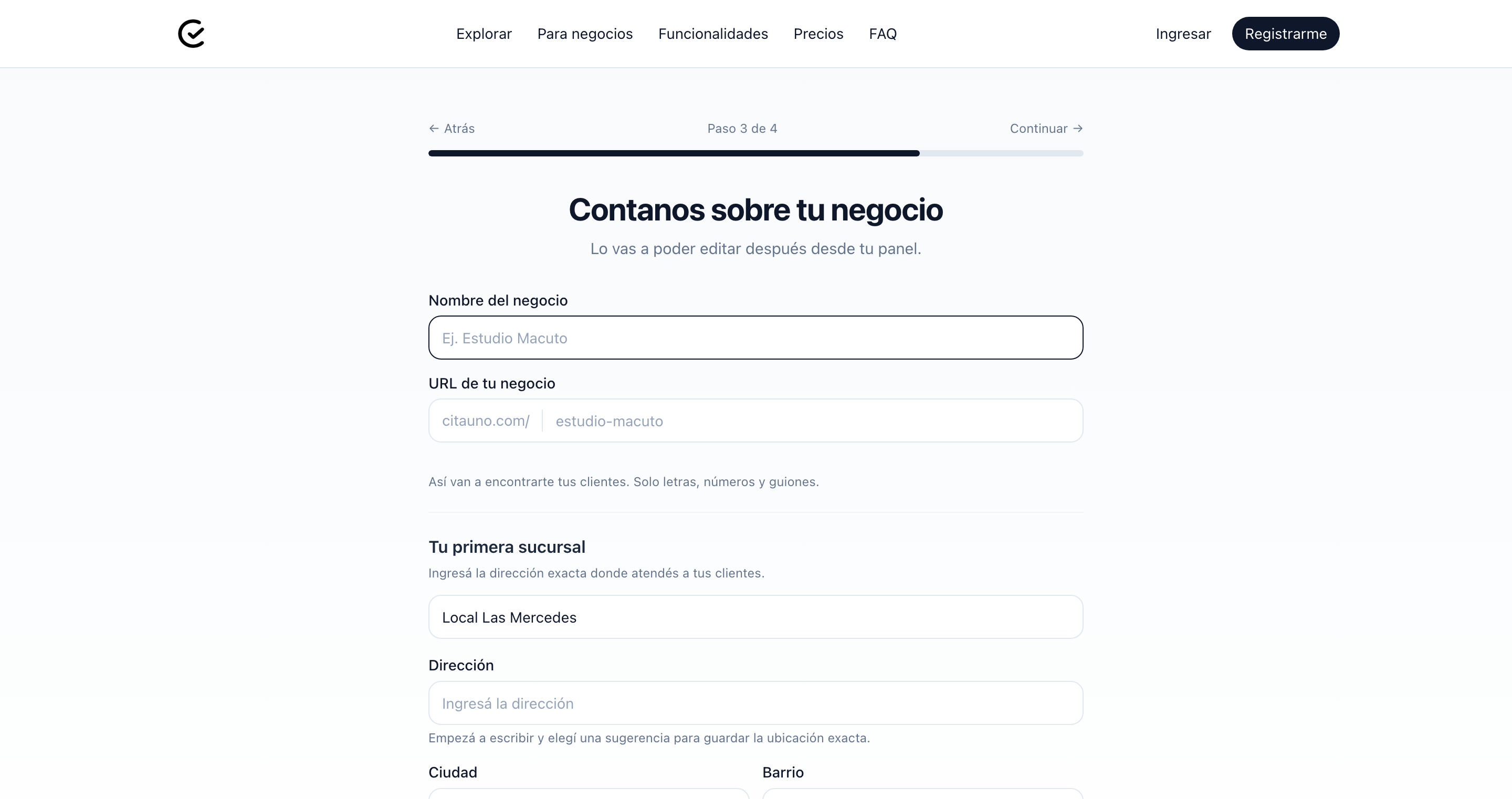Formulario de datos del negocio con nombre, URL y primera sucursal