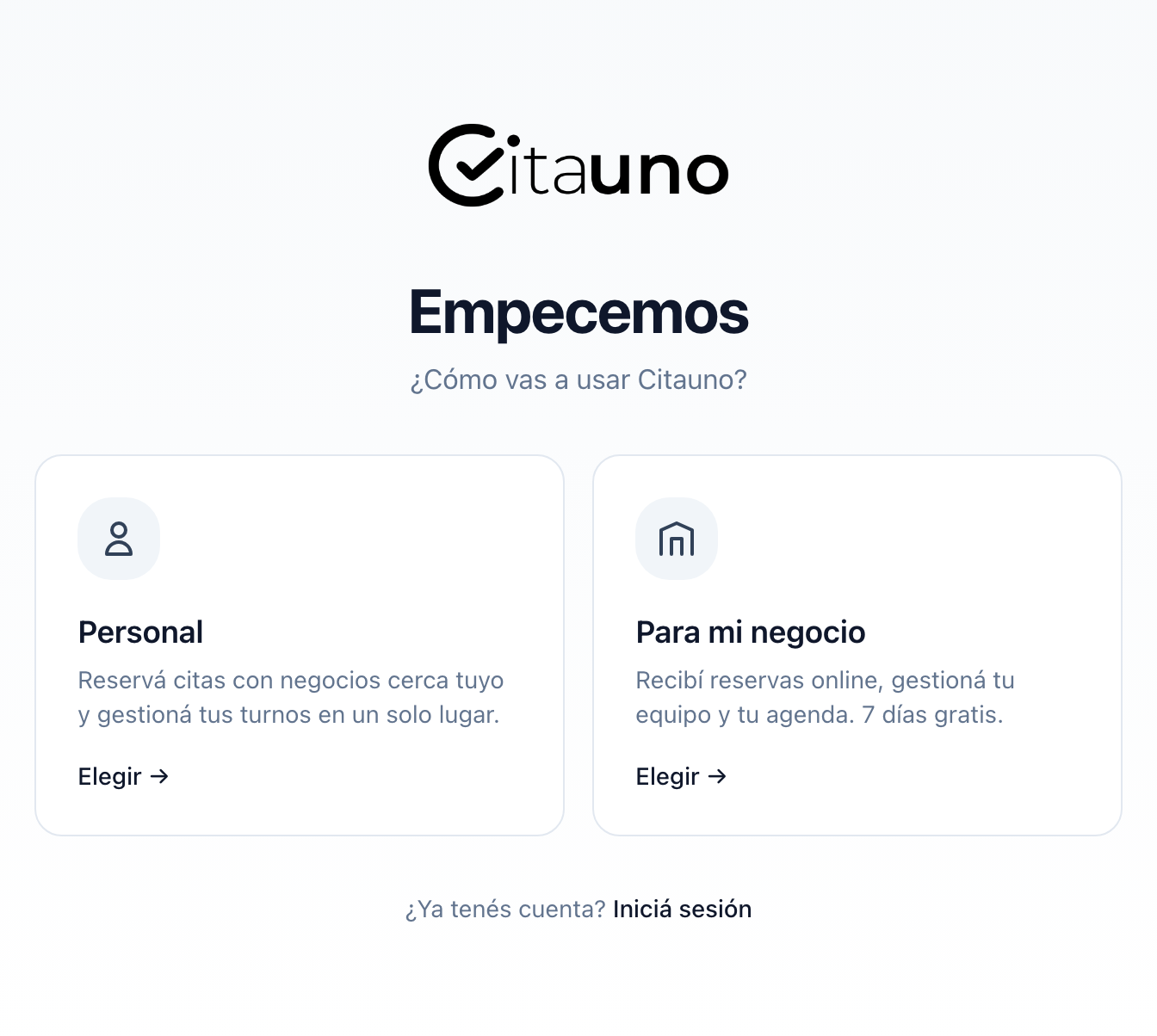 Selección entre cuenta Personal y Para mi negocio