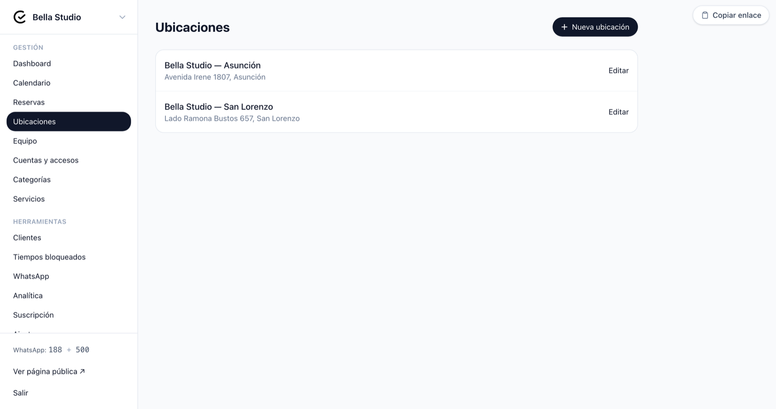 Lista de ubicaciones del negocio con un botón “Editar” en cada fila