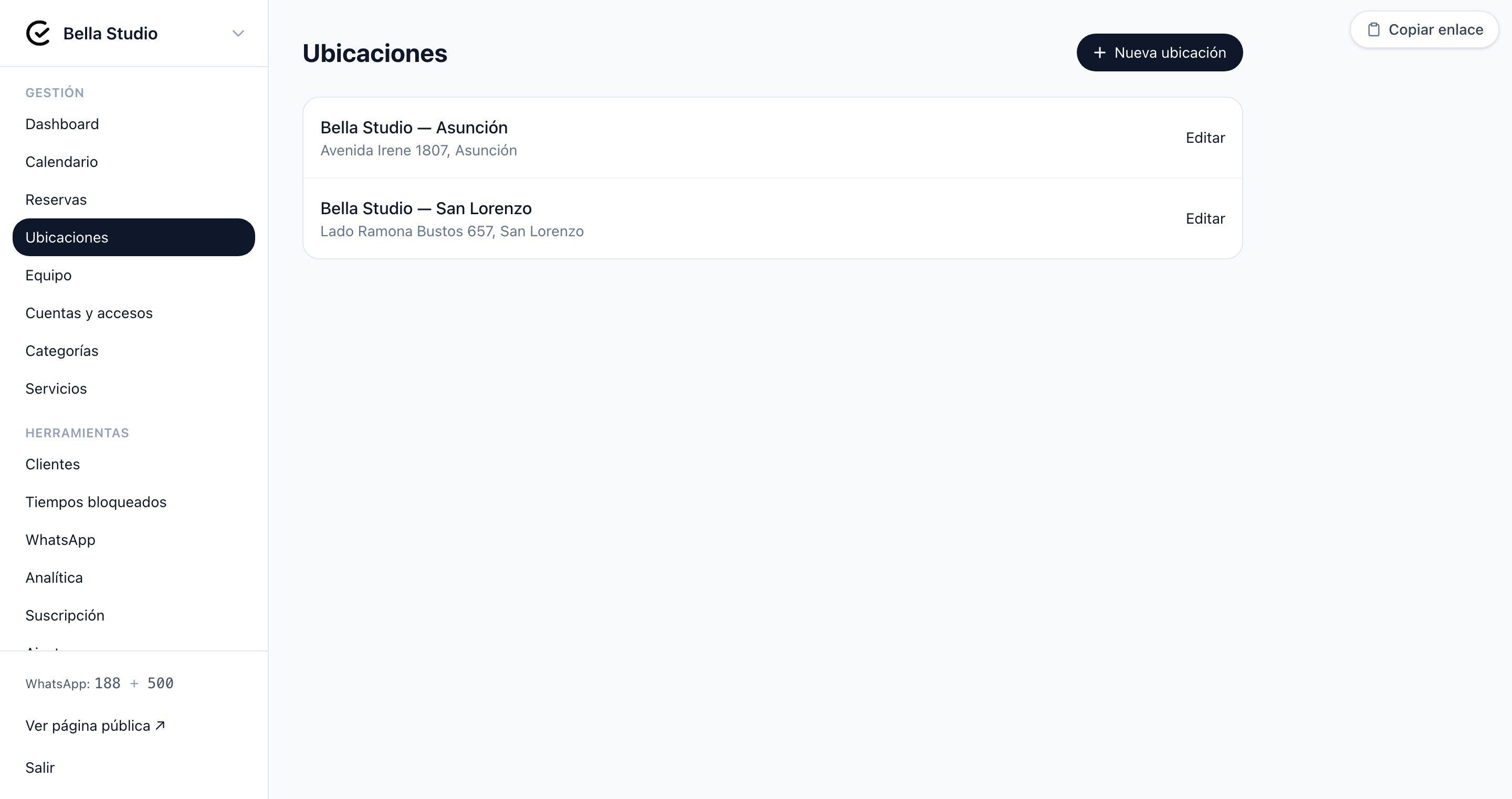 Lista de sucursales del negocio