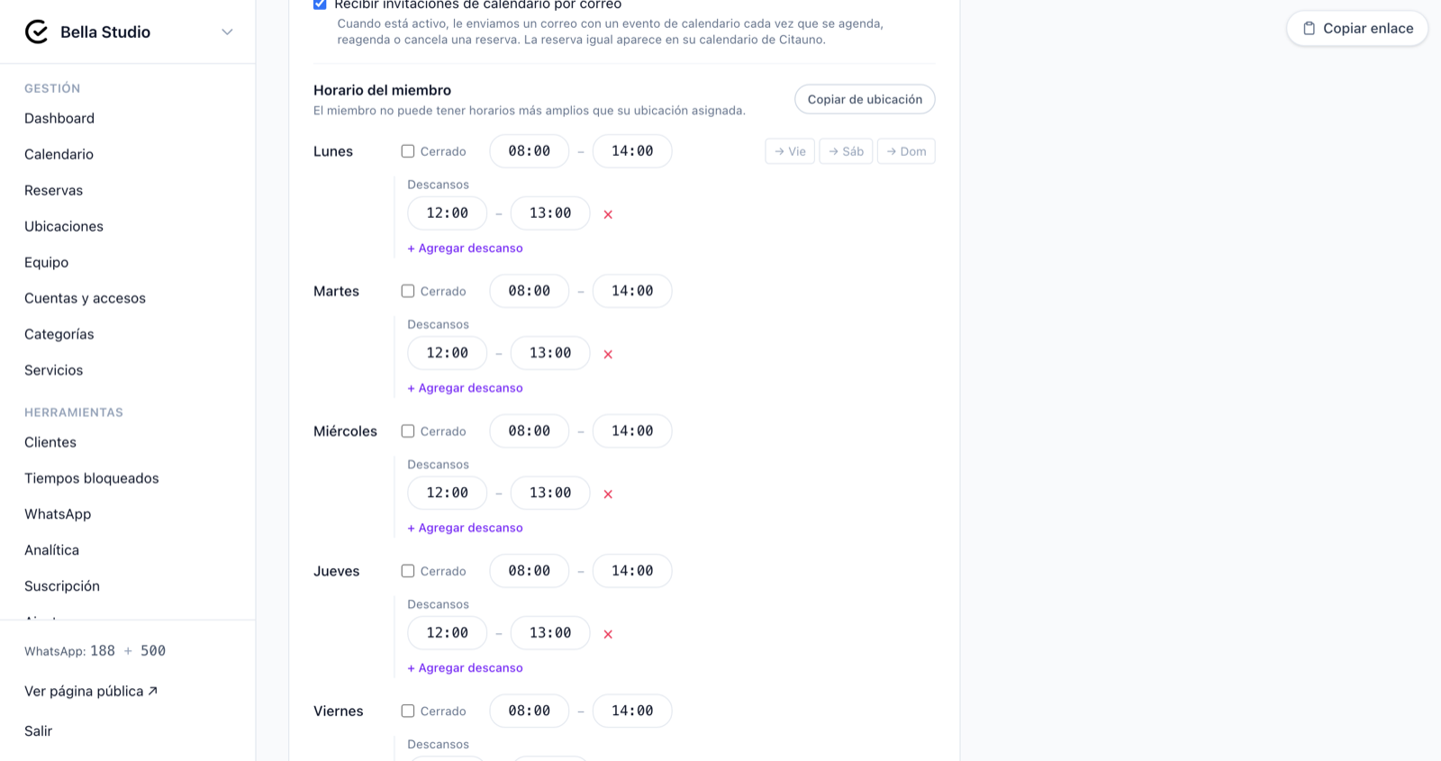Personalización del horario laboral del profesional