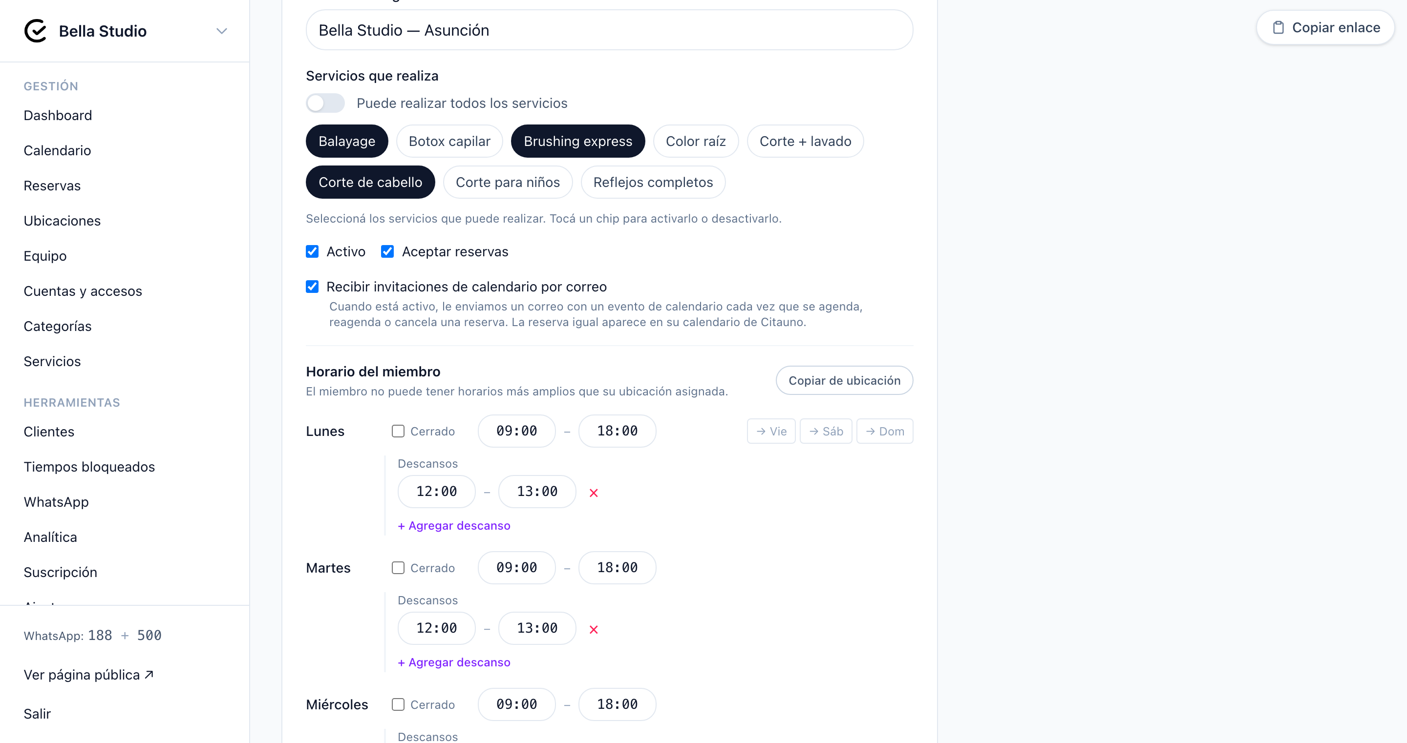 Personalización del horario laboral del profesional