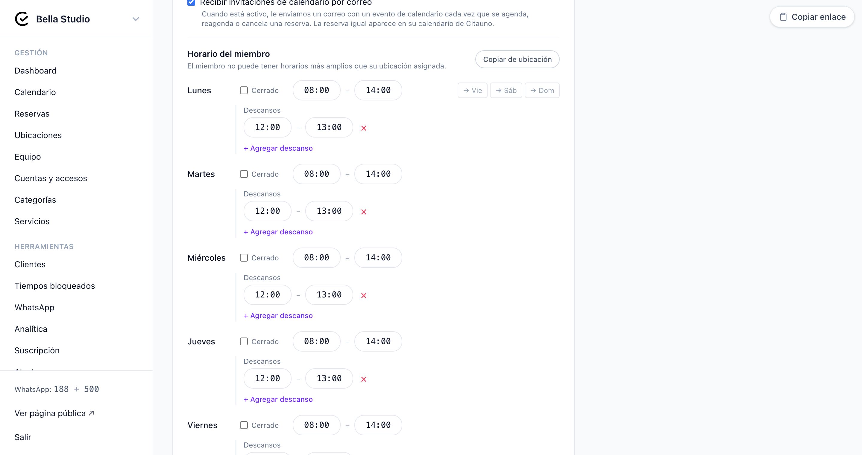 Personalización del horario laboral del profesional