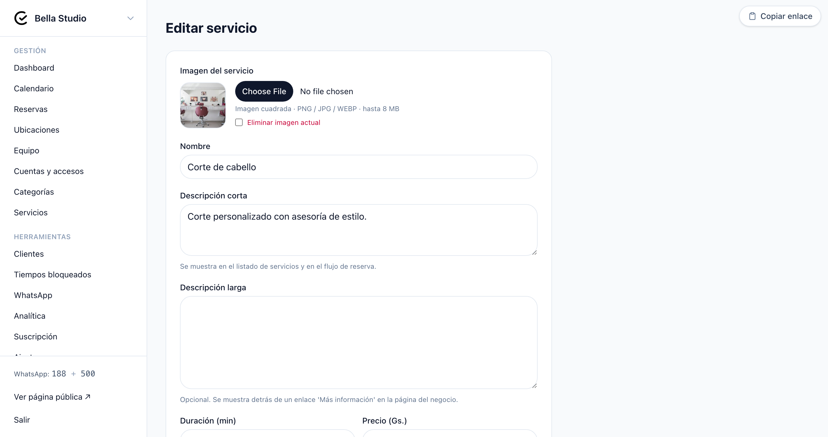 Asignación de profesionales y precios por servicio