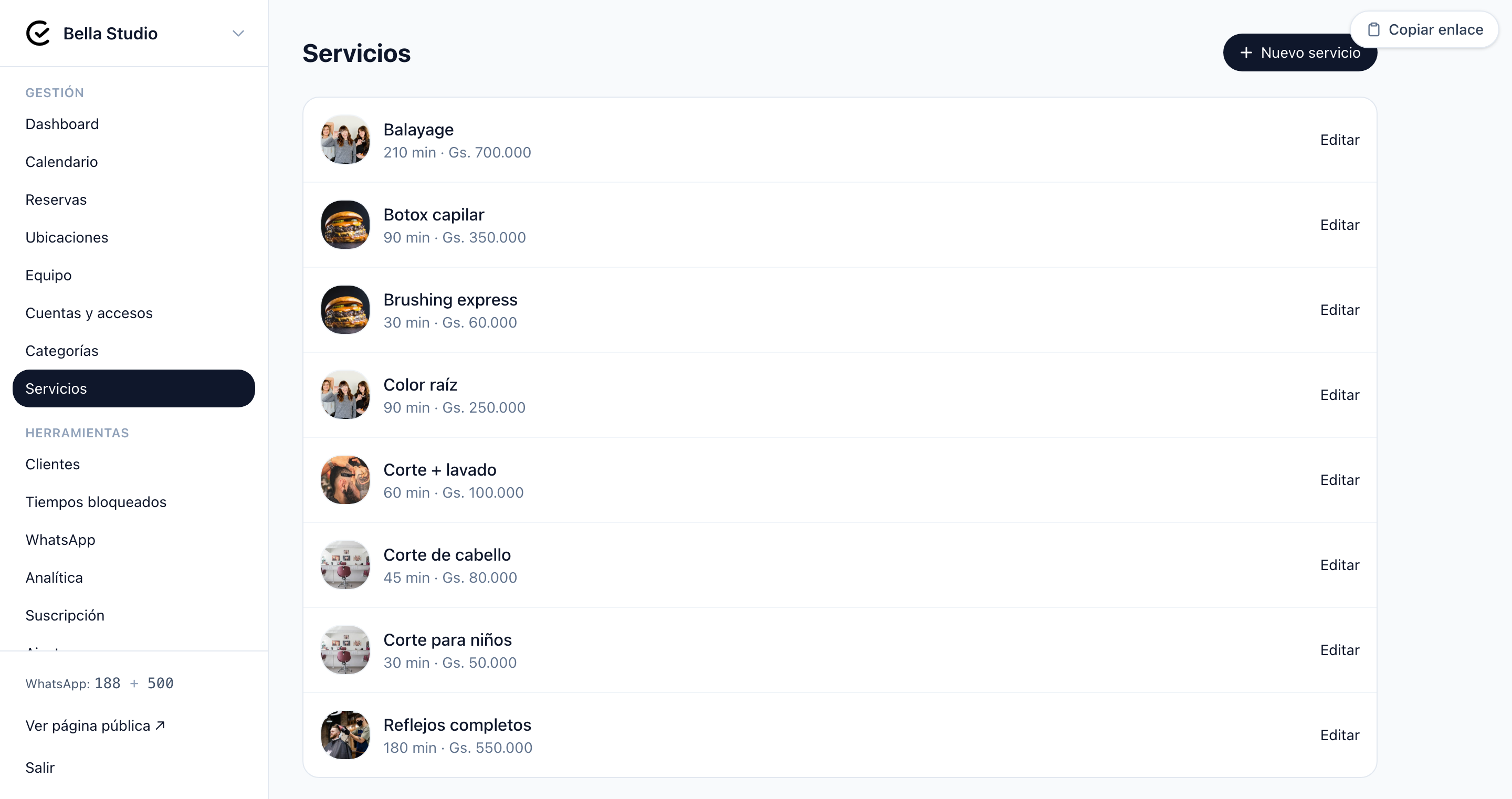 Lista de servicios del negocio