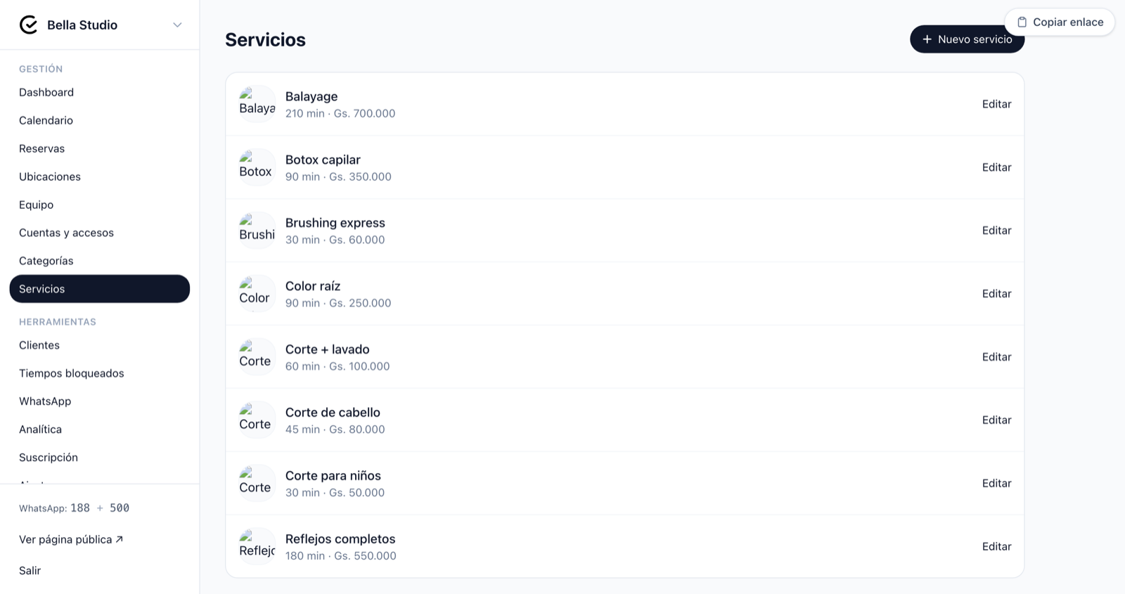 Lista de servicios del negocio con duración y precio en cada fila