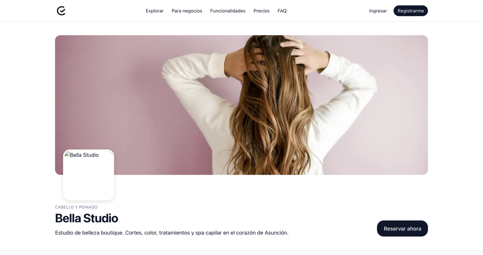Vista pública del negocio con servicios y botón Reservar