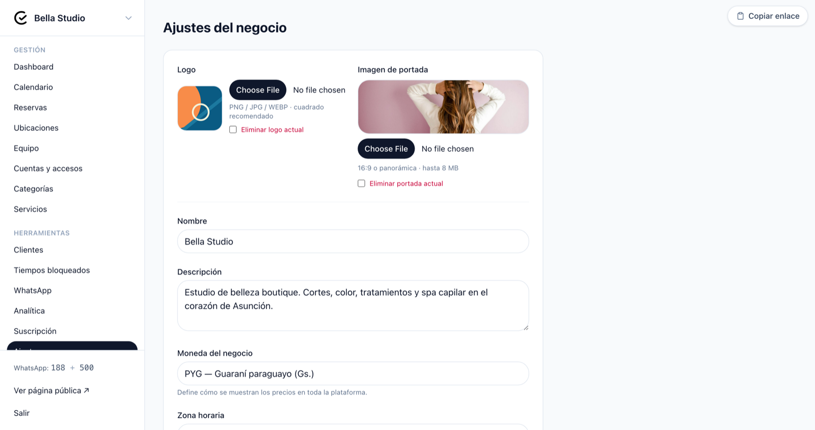 Vista general de la pantalla de configuración del negocio