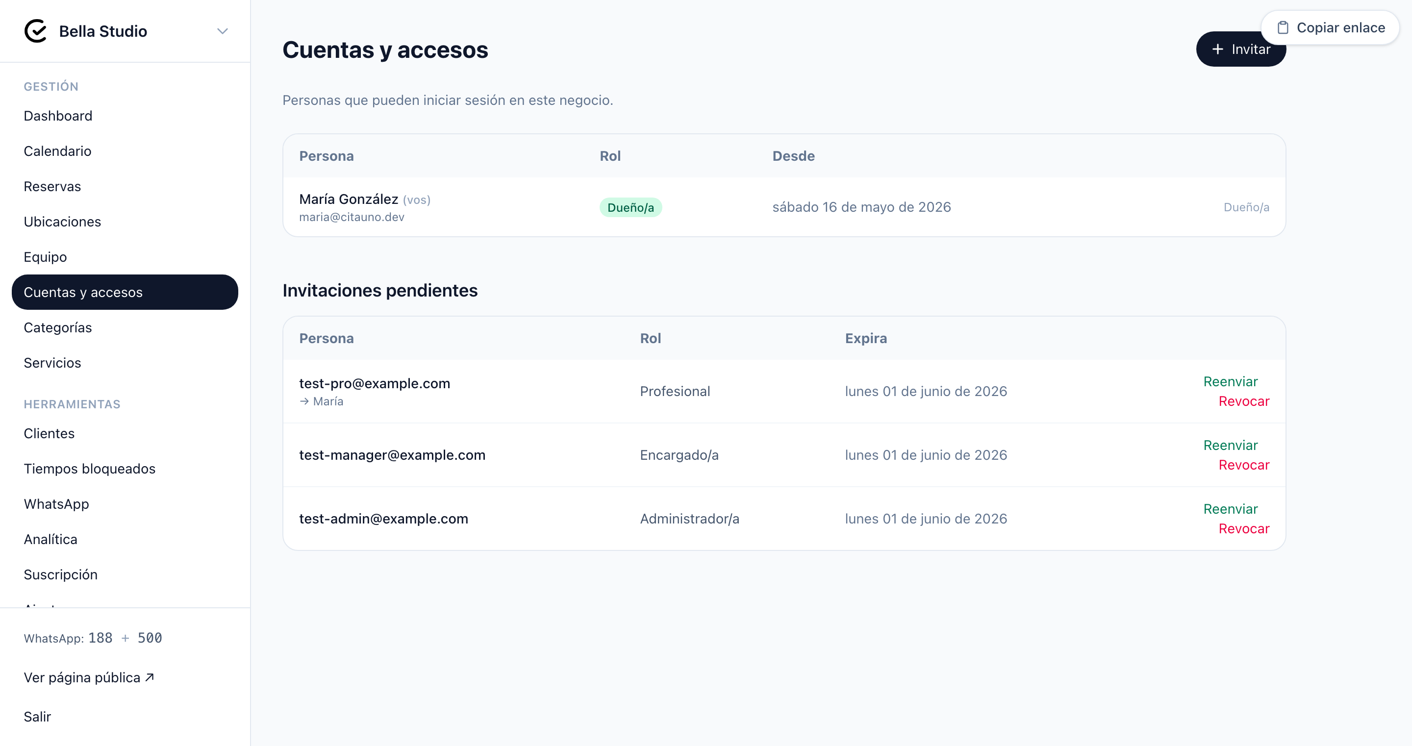 Pantalla de Cuentas y accesos del negocio